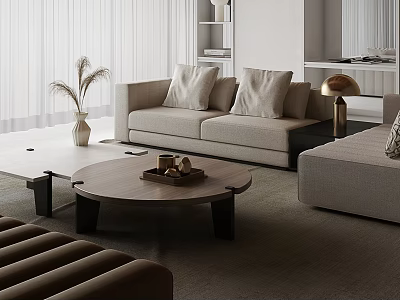 Modern Living Room Interior With Beige Sofa Wooden Coffee Table And Brass Lamp 3d model