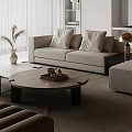 Modern Living Room Interior With Beige Sofa Wooden Coffee Table And Brass Lamp