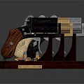 Collectible Revolvers Display With Silver Gold Black Finishes And Wooden Stands