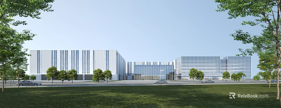 Modern Office Building Complex With Glass Curtain Walls Green Trees Lawn And Vehicles 3d model 