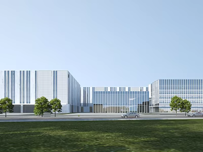 Modern Office Building Complex With Glass Curtain Walls Green Trees Lawn And Vehicles 3d model