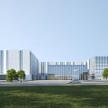 Modern Office Building Complex With Glass Curtain Walls Green Trees Lawn And Vehicles