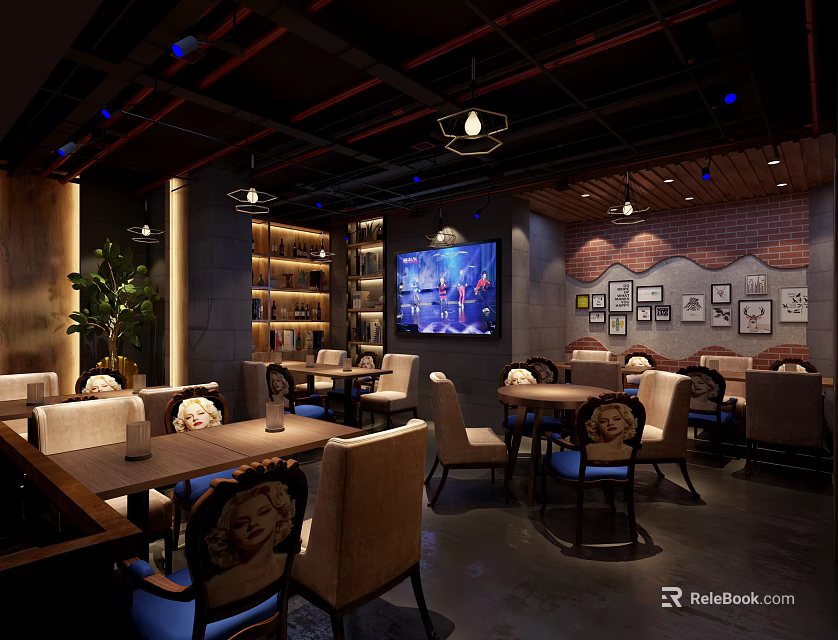 Modern Bar Interior Design With Cozy Tables Chairs Hanging Lights And Wall Art Decor 3d model 