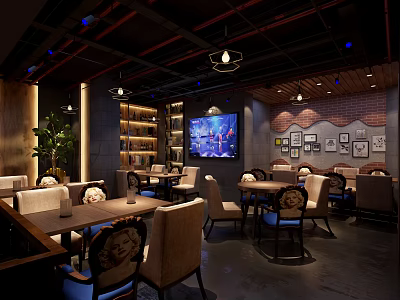 Modern Bar Interior Design With Cozy Tables Chairs Hanging Lights And Wall Art Decor 3d model