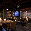 Modern Bar Interior Design With Cozy Tables Chairs Hanging Lights And Wall Art Decor