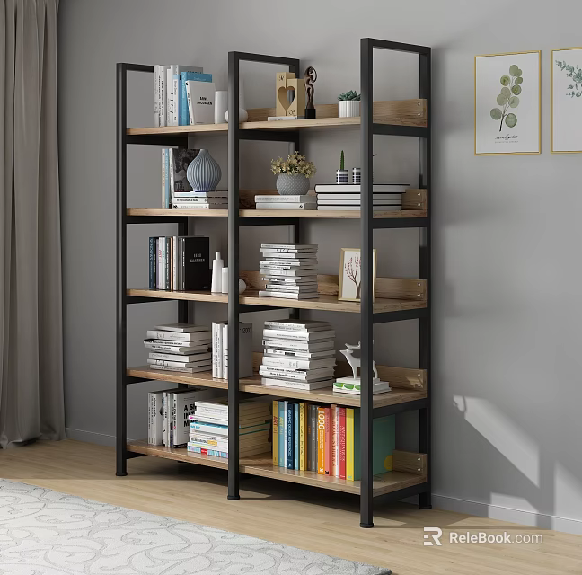Wooden And Metal Shelving Unit With Stacked Books Decorative Frames Small Plants And Ornaments 3d model 
