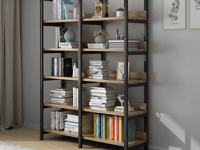 Wooden And Metal Shelving Unit With Stacked Books Decorative Frames Small Plants And Ornaments 3d model