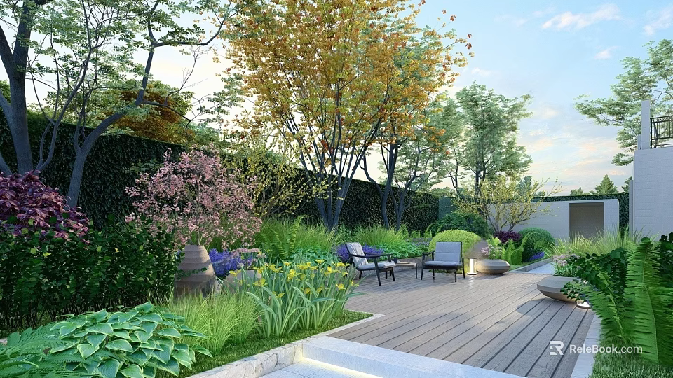 Courtyard Garden With Lush Green Plants Trees Flowers And Wooden Deck Chairs 3d model 