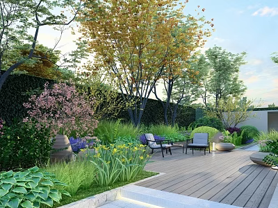 Courtyard Garden With Lush Green Plants Trees Flowers And Wooden Deck Chairs 3d model