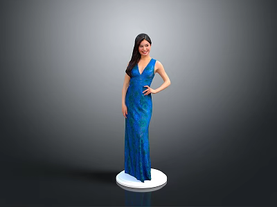 Child In Blue Long Dress Standing On White Base With Gray Background 3d model