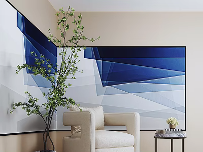 Modern Cream Single Seater Sofa With Green Plant And Blue Geometric Wall Art 3d model