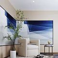Modern Cream Single Seater Sofa With Green Plant And Blue Geometric Wall Art