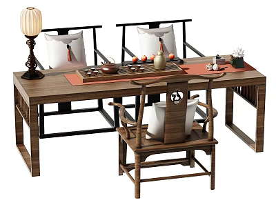 Traditional Chinese Wooden Tea Table and Chairs with Tea Set Fruits and Table Lamp 3d model