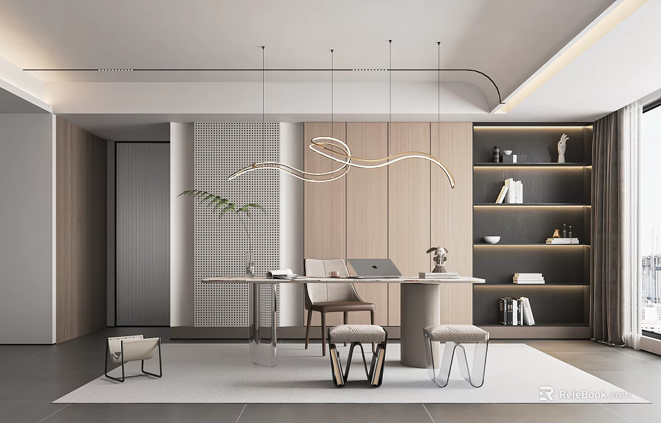 Modern Study Room Interior With Wooden Bookshelves Pendant Lights Writing Desk And Green Plants 3d model 