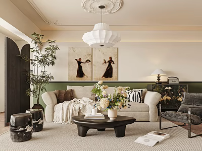 Cozy Retro French Style Living Room With Plush Cream Sofa And Elegant Wall Art Decor 3d model