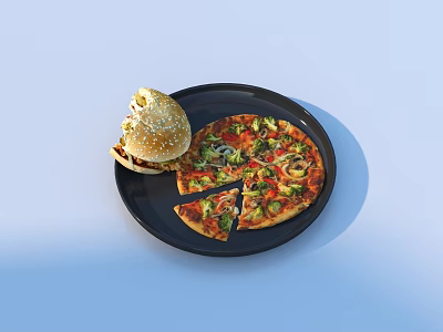Delicious Hamburger And Fresh Pizza On Black Plate With Missing Slice 3d model