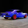 Blue Classic Sports Car With Red Wheels On Gray Floor Dark Background