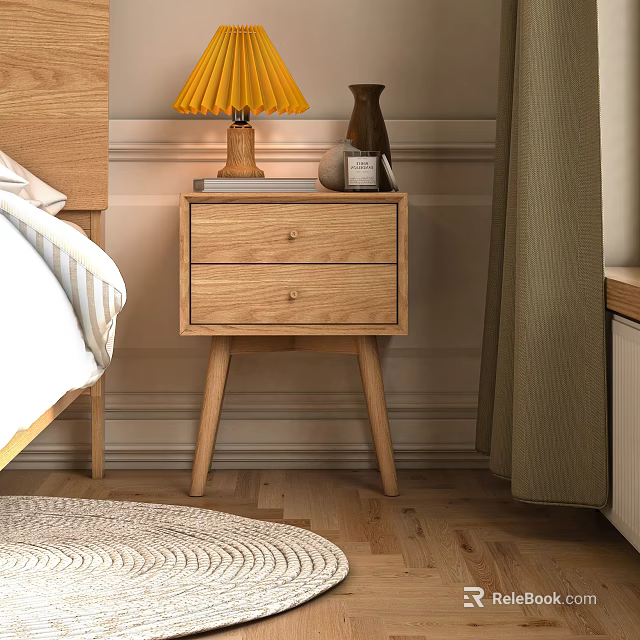 Wooden Bedside Table with Two Drawers Yellow Lamp and Vase in Bedroom 3d model 