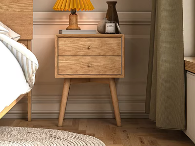 Wooden Bedside Table with Two Drawers Yellow Lamp and Vase in Bedroom 3d model
