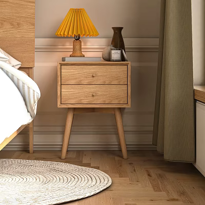 Wooden Bedside Table with Two Drawers Yellow Lamp and Vase in Bedroom 3d model