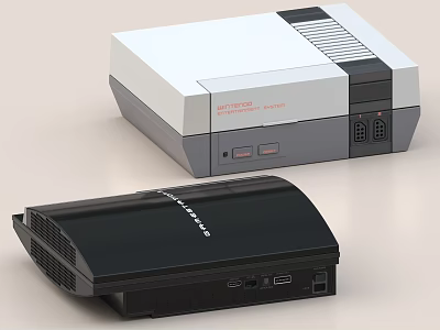 Retro NES Classic Edition And Modern Black Computer Consoles With Interface Ports 3d model