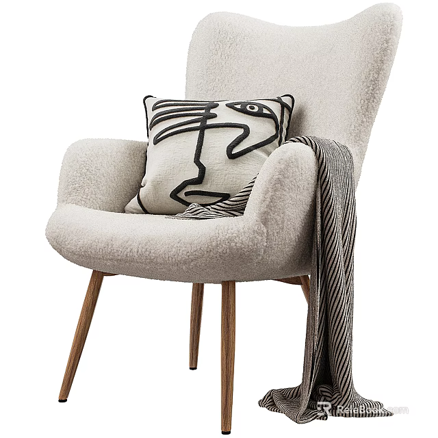 Modern Leisure Chair With Plush Fabric Wooden Legs Abstract Pillow And Striped Throw Blanket 3d model 