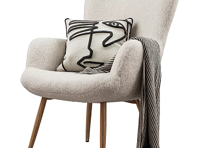 Modern Leisure Chair With Plush Fabric Wooden Legs Abstract Pillow And Striped Throw Blanket 3d model