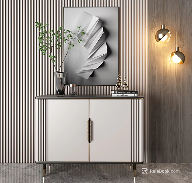 Modern Entryway Console Cabinet With Decorative Mirror Green Plant And Wall Lamps 3d model 