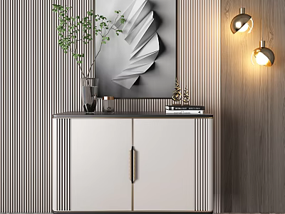 Modern Entryway Console Cabinet With Decorative Mirror Green Plant And Wall Lamps 3d model
