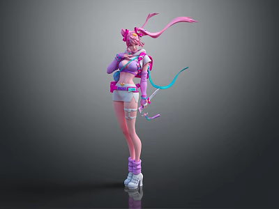 Vibrant Fantasy Character With Pink Long Hair Purple Top Bow Arrow And Colorful Ribbons 3d model