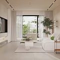 Modern Living Dining Room Interior Design With White Sofa Green Cushions And Round Coffee Table