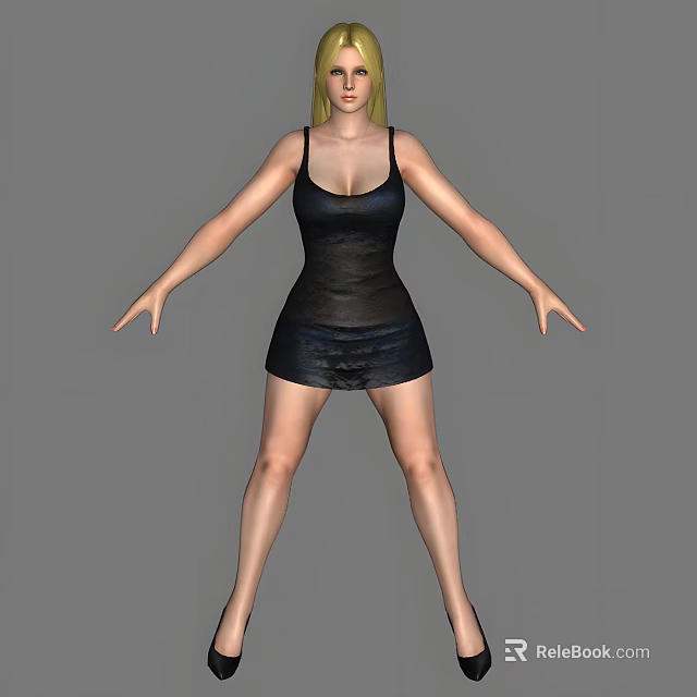 Woman in Black Sleeveless Short Dress Standing with Arms Outstretched on Grey Background 3d model 