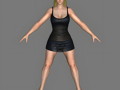 Woman in Black Sleeveless Short Dress Standing with Arms Outstretched on Grey Background 3d model