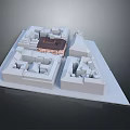 Scenic Architectural Model With Multiple White Buildings And Brown Roof On White Base