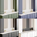 Modern Bathroom Mirror With Double Sinks Green Cabinets And Gold Faucets On White Countertop