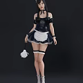 Woman in Classic Maid Outfit with Black Dress White Apron and Feather Duster