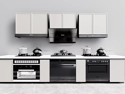 Modern Kitchen With White Upper Cabinets Black Appliances Cooktop And Range Hood 3d model