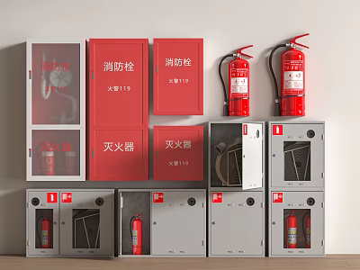 Fire Safety Equipment Including Wall Mounted Hydrants Extinguishers And Storage Cabinets 3d model