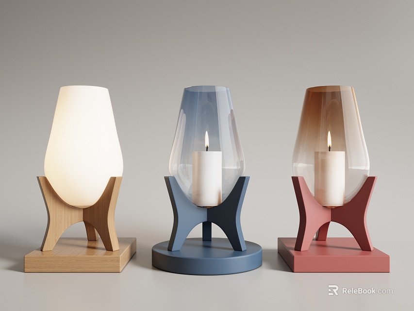 Three Modern Table Lamps With Cross Shaped Stands Colored Bases Transparent White Shades 3d model 