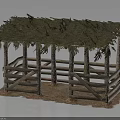 Rustic Wooden Shelter With Moss Covered Roof Wooden Posts Railings And Earthen Ground