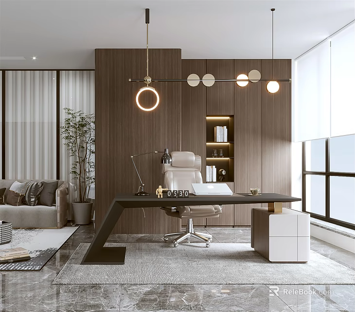Modern Office Interior With Wooden Wall Round Pendant Lights Desk Chair Bookshelf And Sofa 3d model 