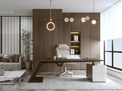 Modern Office Interior With Wooden Wall Round Pendant Lights Desk Chair Bookshelf And Sofa 3d model