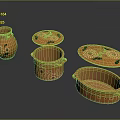 Handcrafted Orange Ceramic Containers With Green Leaf Patterns And Various Shapes 3d model