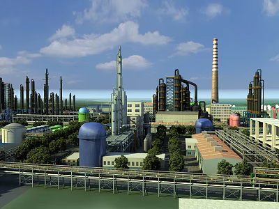 Industrial Plant With Refinery Facilities Storage Tanks Chimneys Pipeline Systems And Green Vegetation 3d model