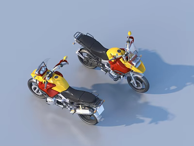 Two Yellow And Red Motorcycles With Black Seats Parked Side By Side 3d model