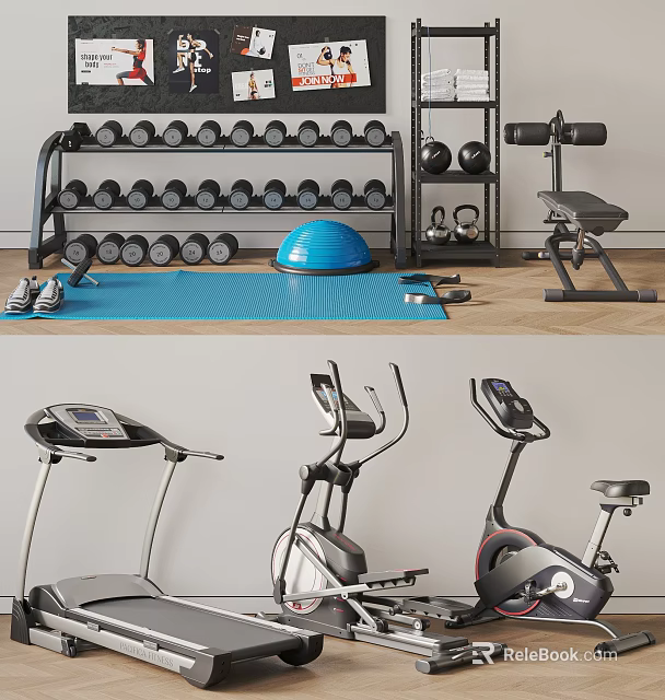 Essential Sports Equipment Including Dumbbells Exercise Ball Yoga Mat Treadmill And Elliptical Trainer 3d model 