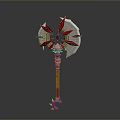 Fantasy Battle Axe With Red Blades Silver Accents And Wooden Handle