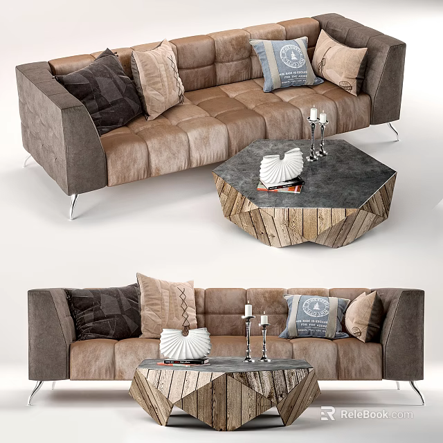 Brown Leather Double Sofa With Patterned Cushions And Hexagonal Coffee Table With Decorative Items 3d model