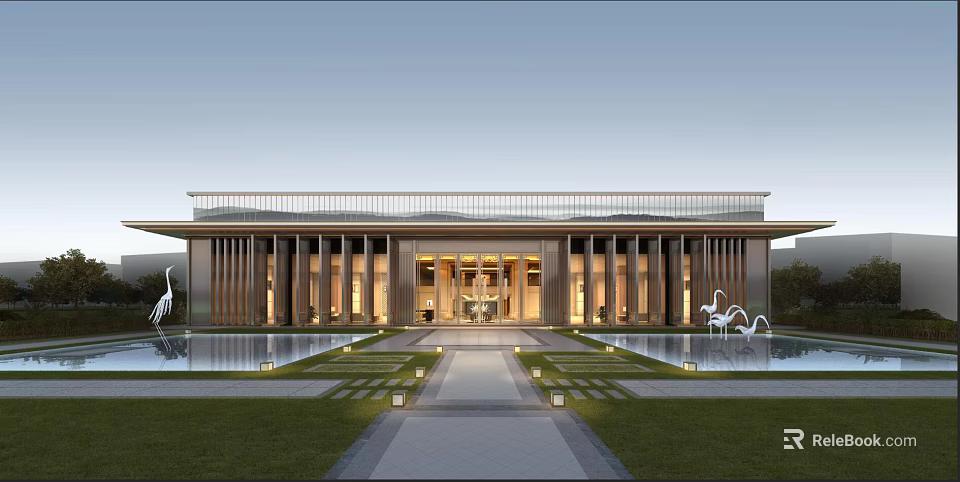 Modern Sales Office Building Featuring Symmetrical Column Facade Water Fountain And Lawn Path 3d model 