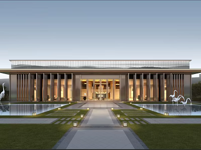 Modern Sales Office Building Featuring Symmetrical Column Facade Water Fountain And Lawn Path 3d model